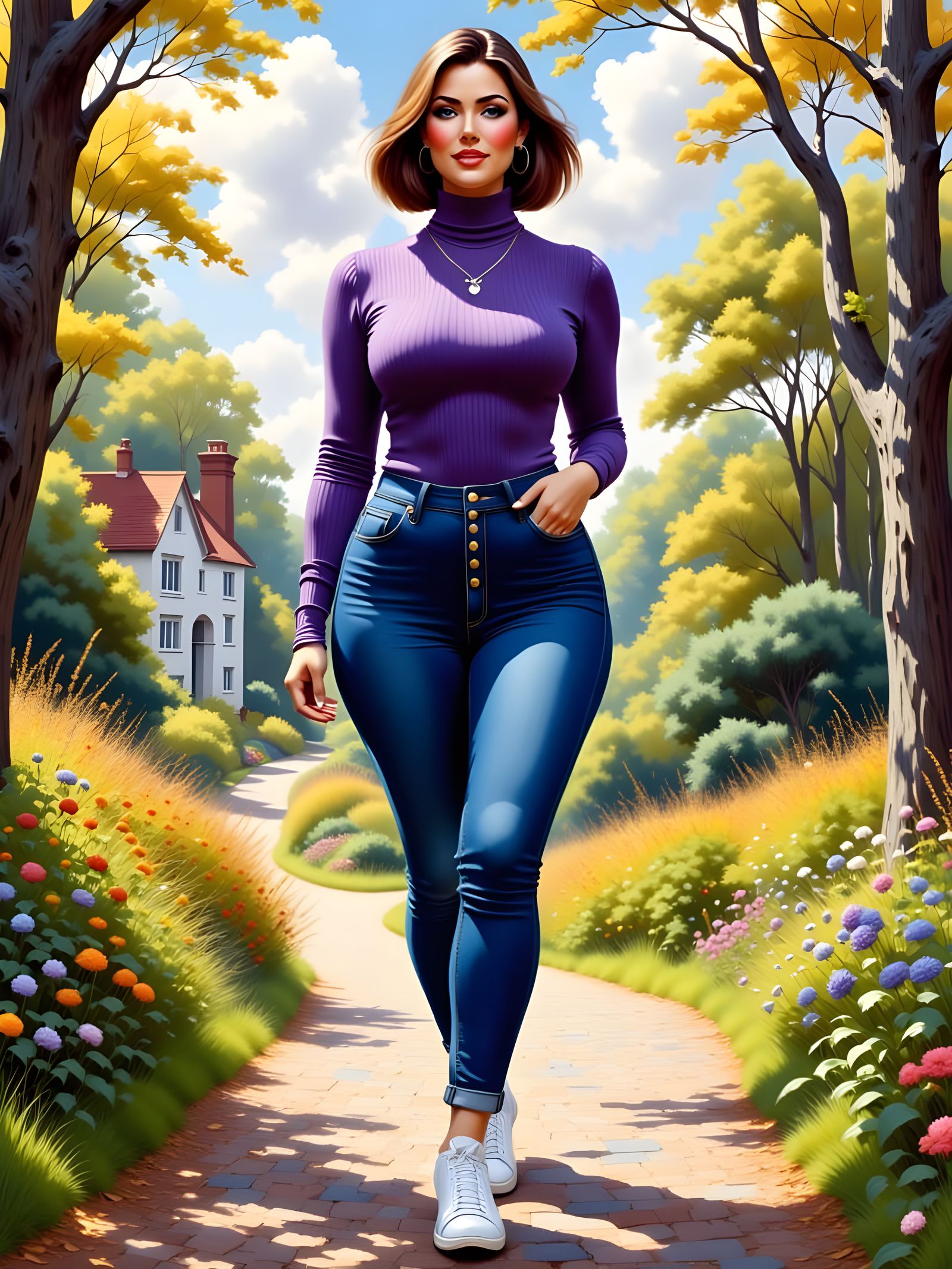 Curvy Woman in English Landscape, Art Nouveau Style