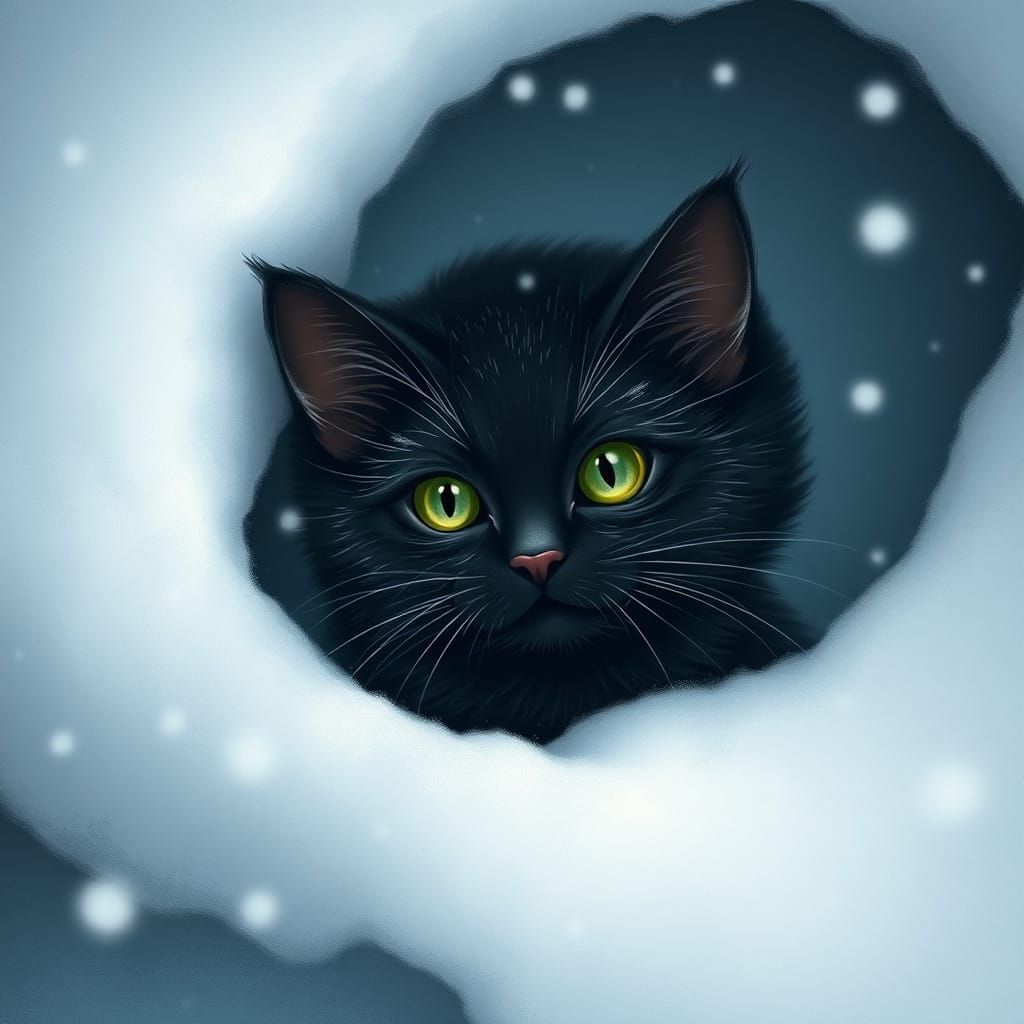 Whimsical Cat Peeks Out of Snowy Cave