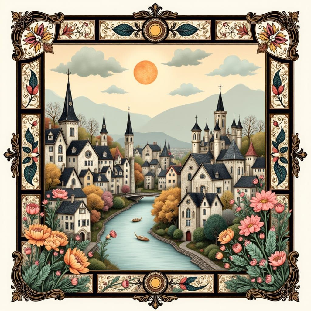 Romantic Medieval Village Framed in Art Deco Style