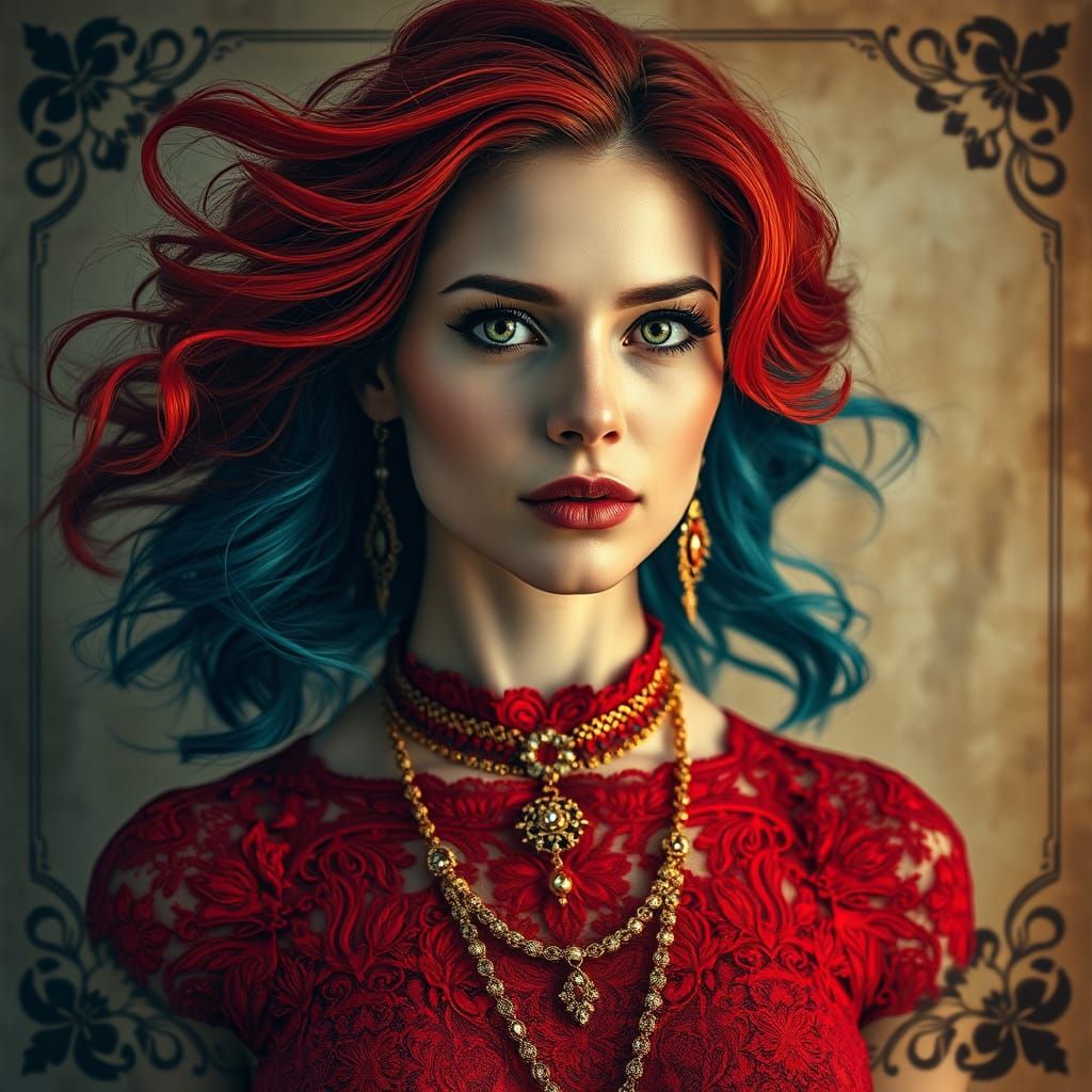 Striking Woman with Red Hair, Distressed Texture Portrait