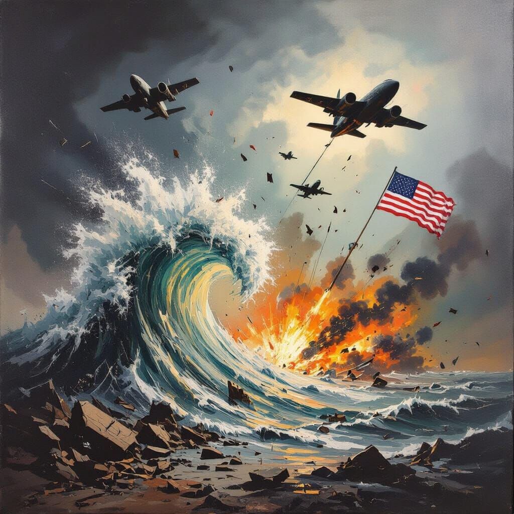 Oil Painting of Wave, Bombers, and Torn Flags in Bacon Style