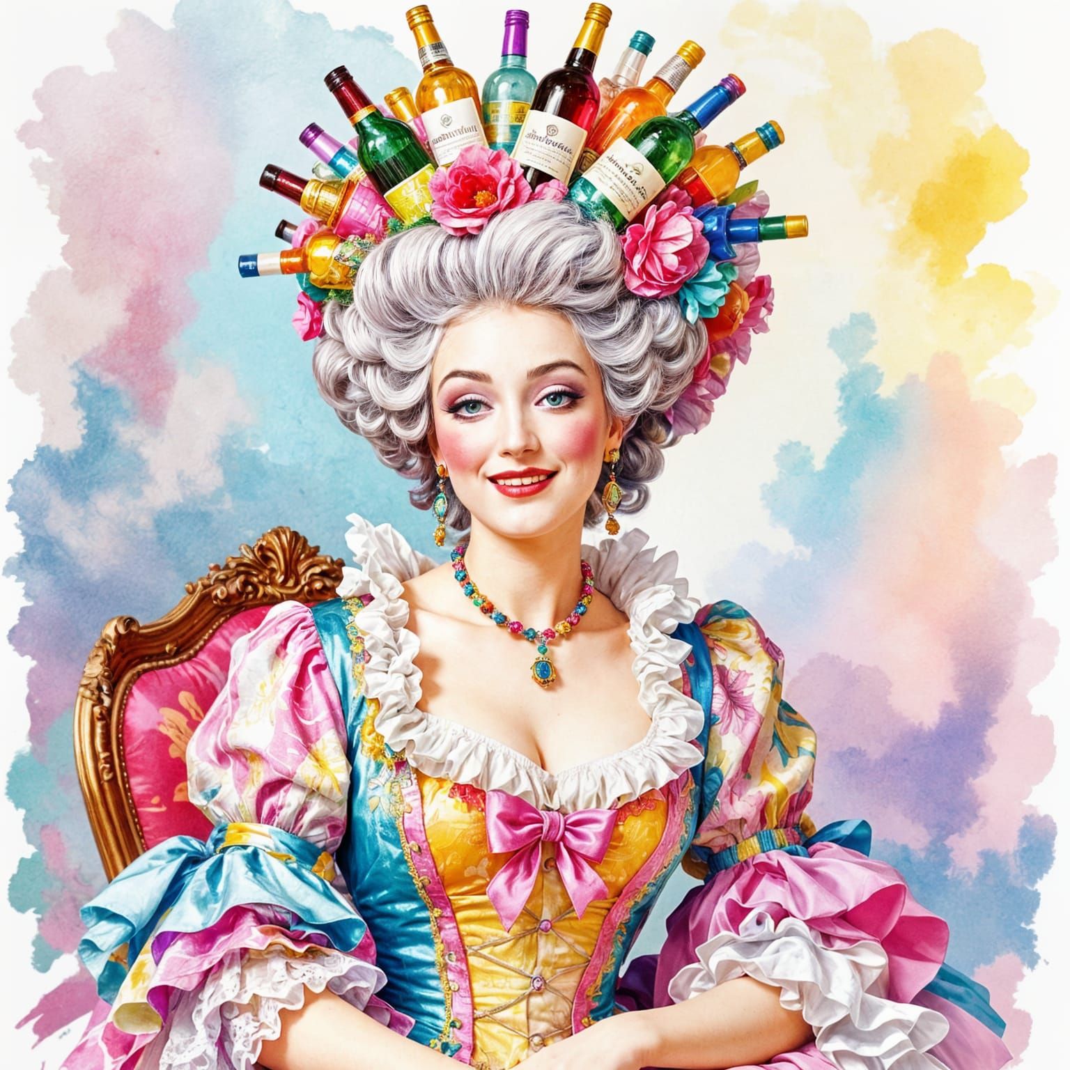 Rococo Lady with Absurd Bottle Hat Watercolor Portrait