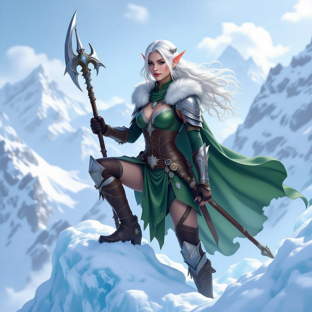 Glass Female Elf Warrior on Icy Mountain Peak