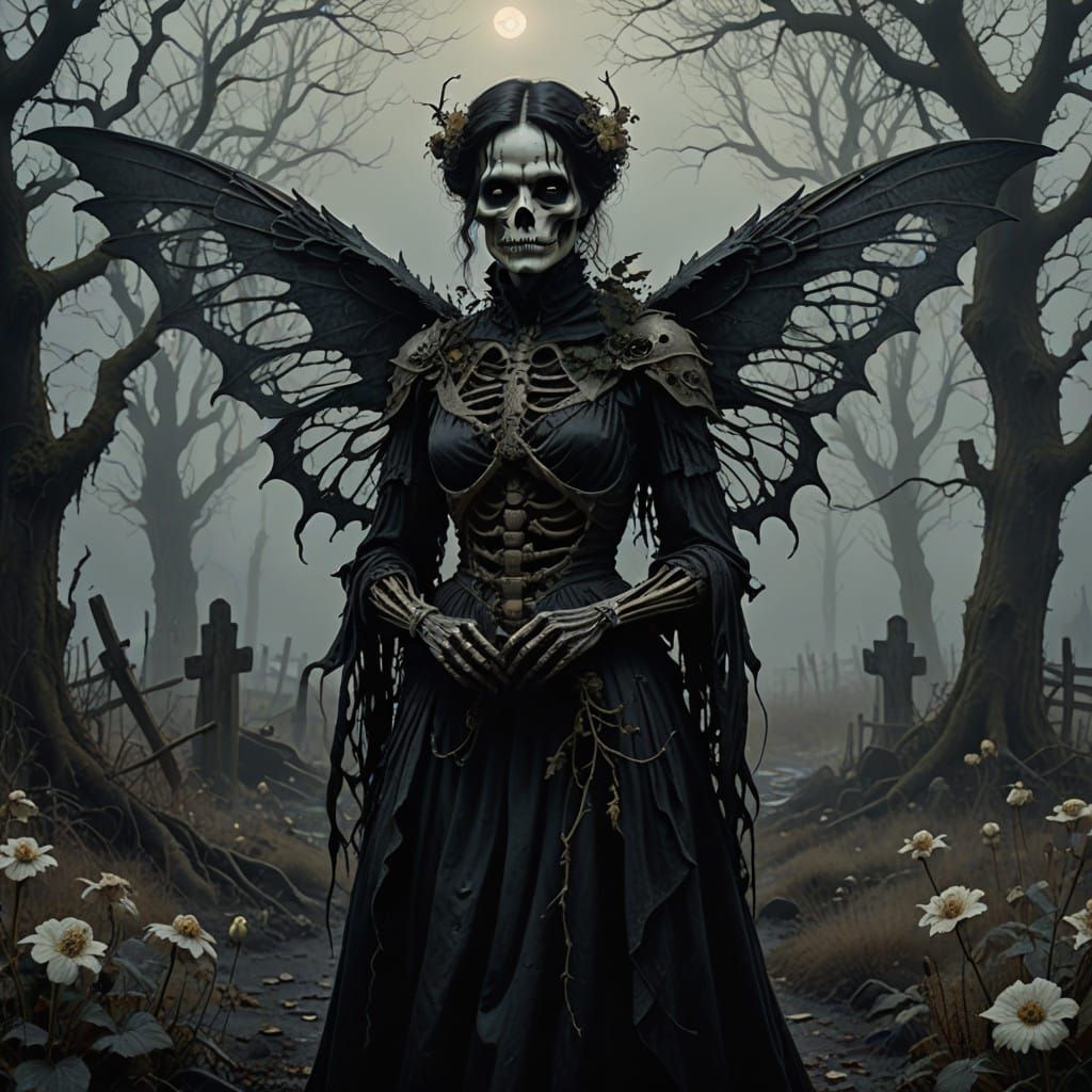 Gothic Fairy Ghoul Woman in Victorian Attire, Muted Forest L...