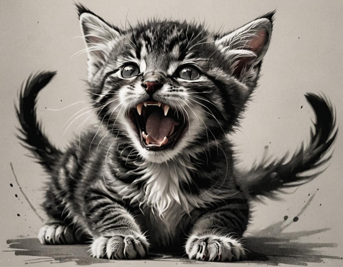 Yawning Kitten in Modern Ink Painting Style