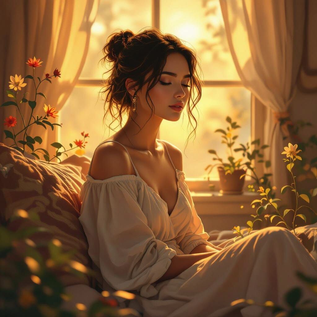 Golden Serenity: Woman in Dreamy Digital Art