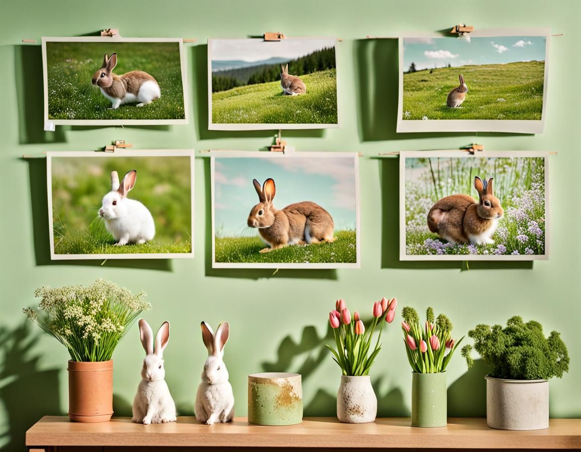 Rabbits in Spring Landscape Photo Collage