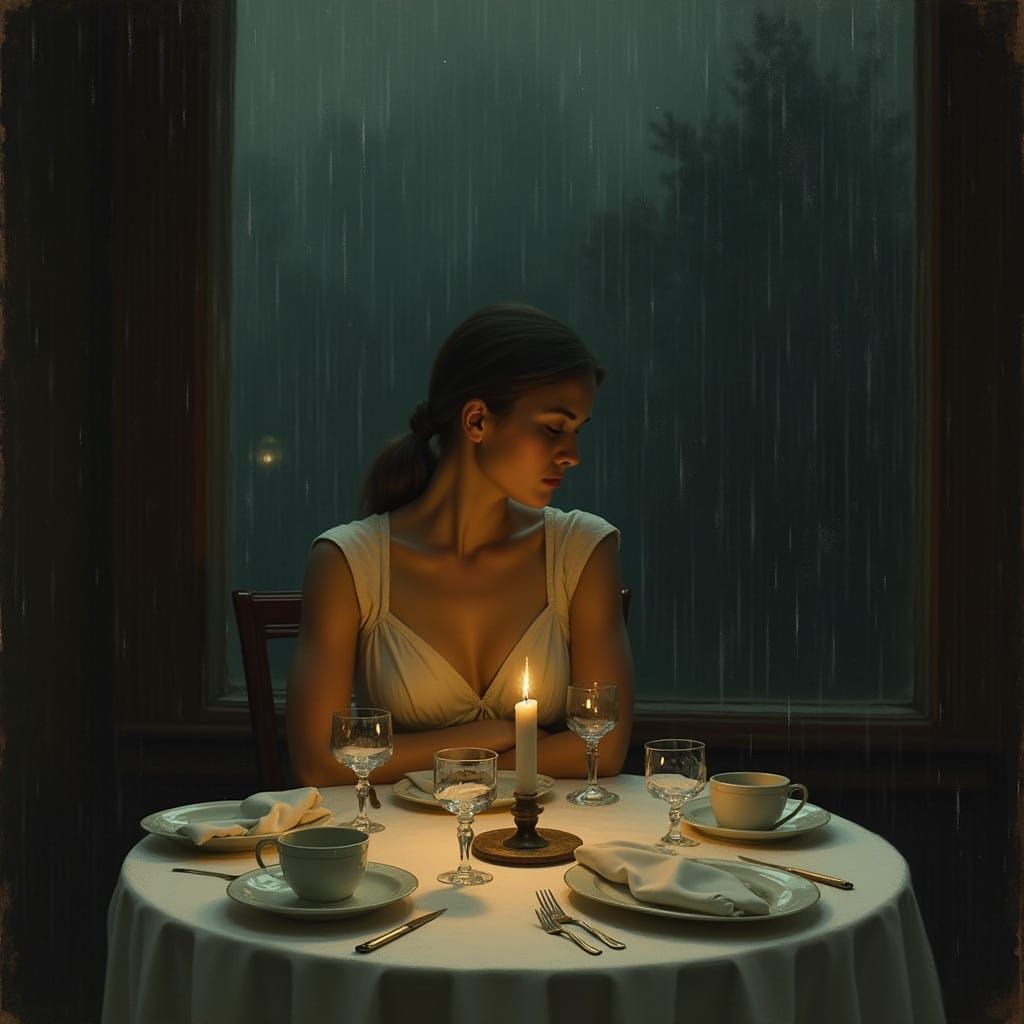 Elegant Solitude in a Rainy Evening Scene