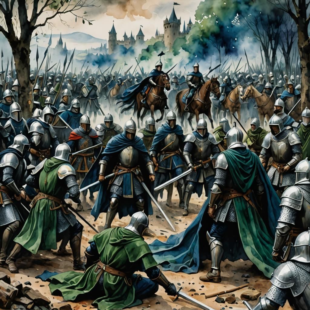 Medieval Battle Aftermath in Dark Watercolor Style