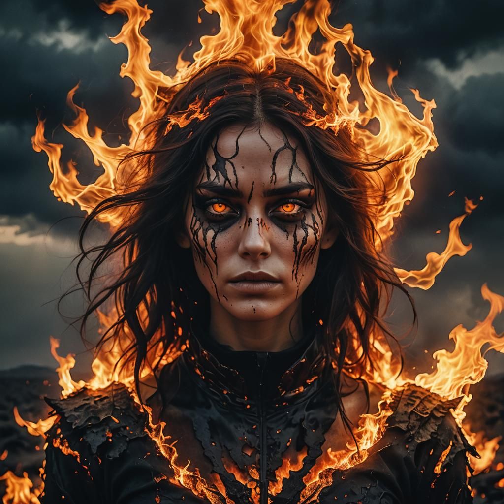 Fiery Woman Portrait in Dark Fantasy Art