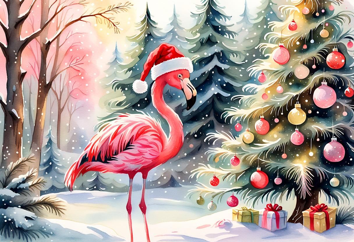 Pink Flamingo Celebrates Christmas: Whimsical Watercolor Ill...