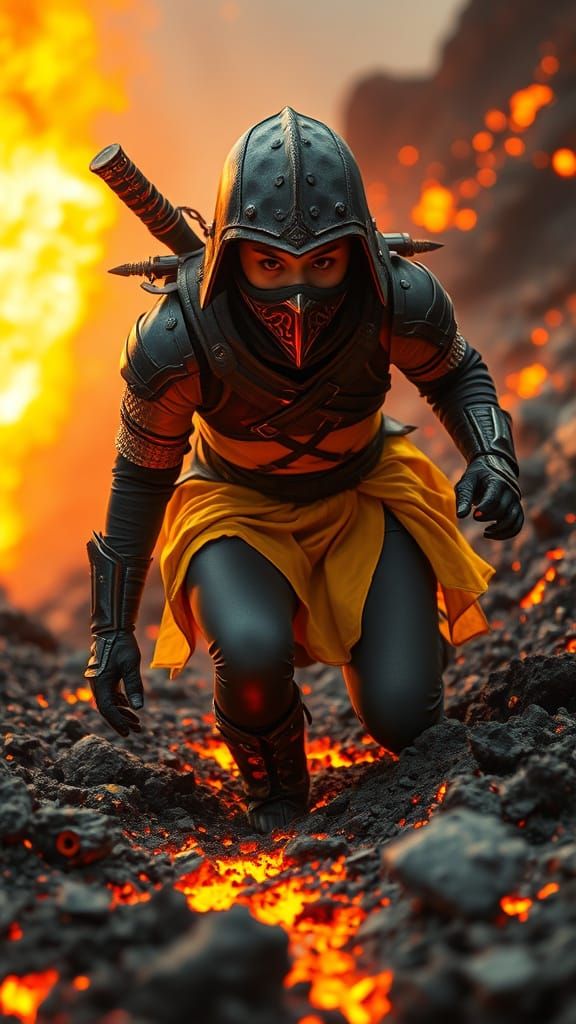 Hyper-Realistic Female Ninja Erupts from Volcanic Ash