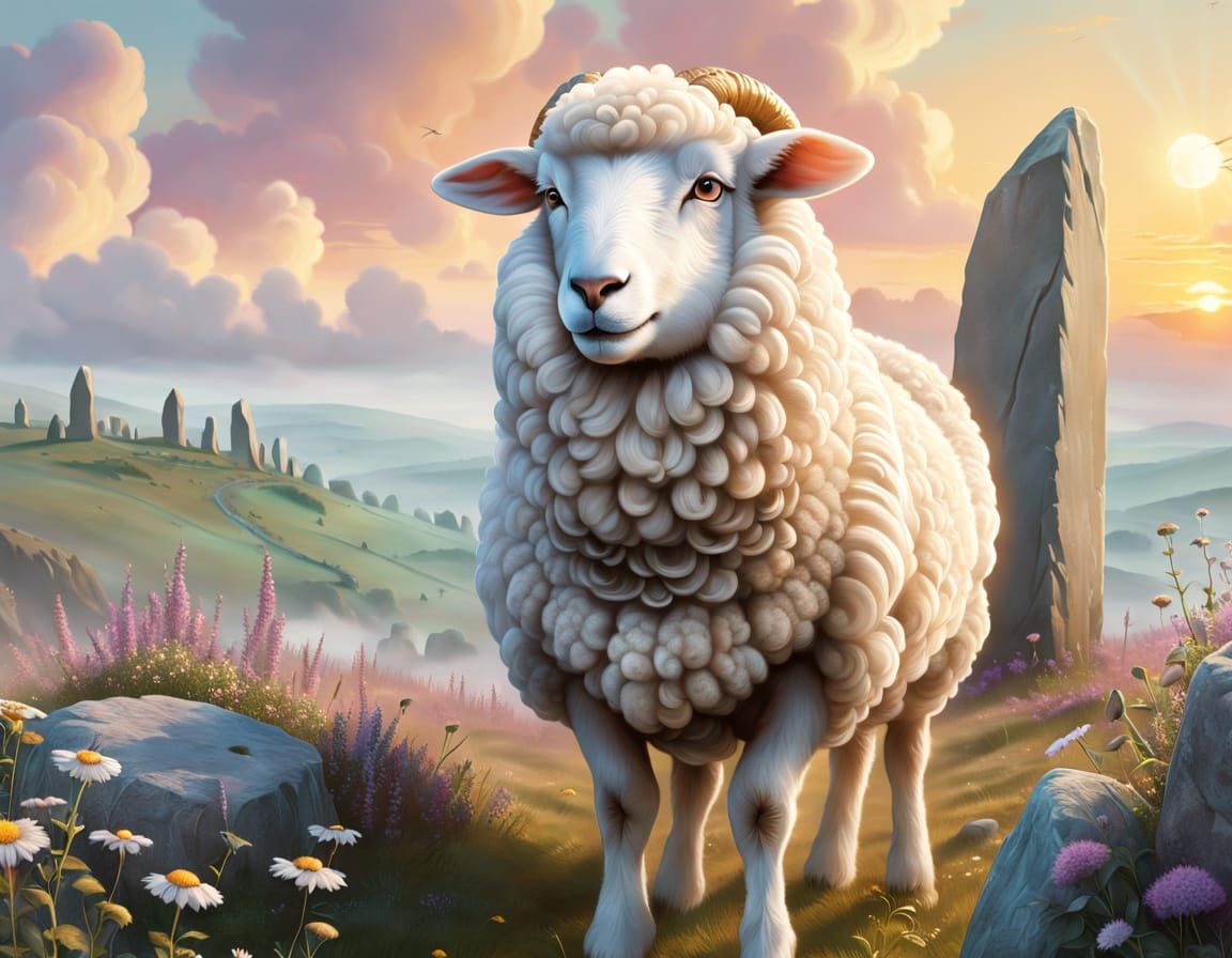 Golden Sheep on Misty Hilltop at Sunset