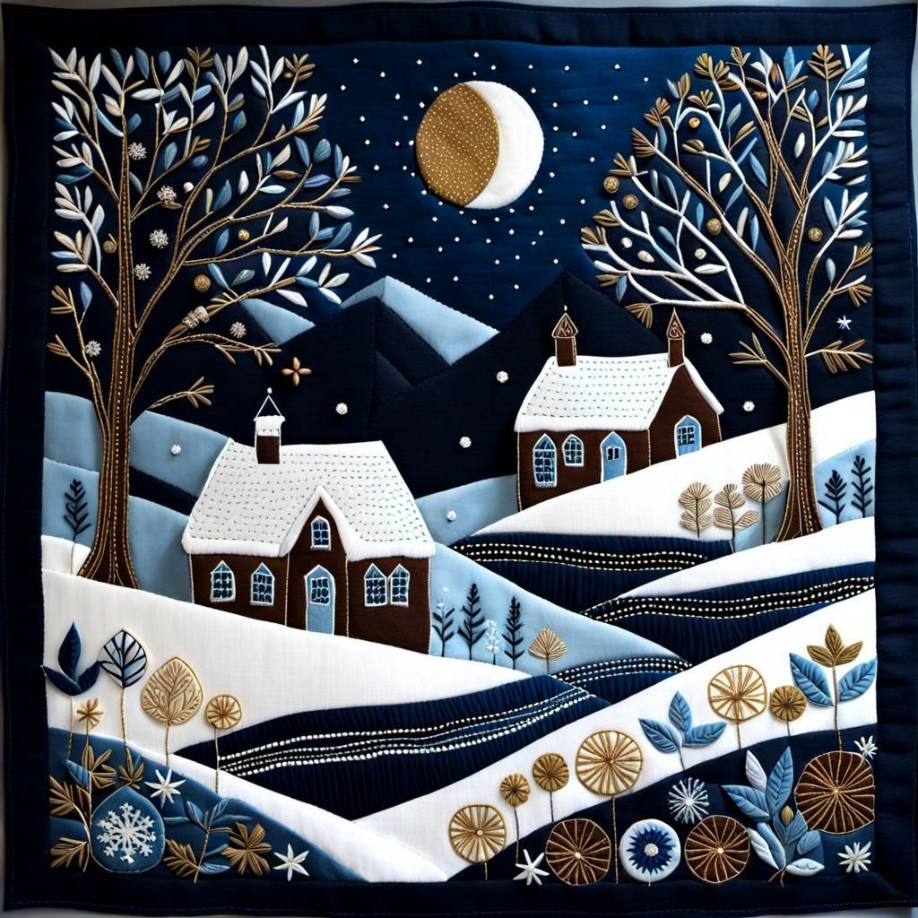 Embroidered Snowy Night Nature Scene in Folk Art Style