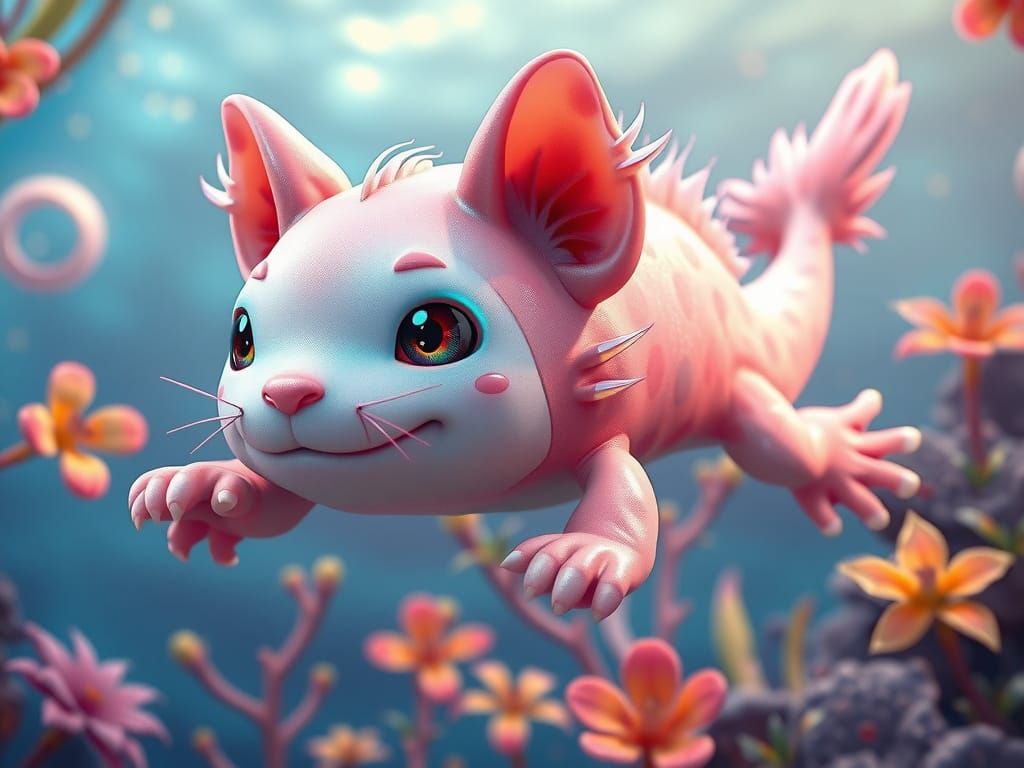 Heartwarming Axolotl-Cat Hybrid in Vibrant Underwater Scene