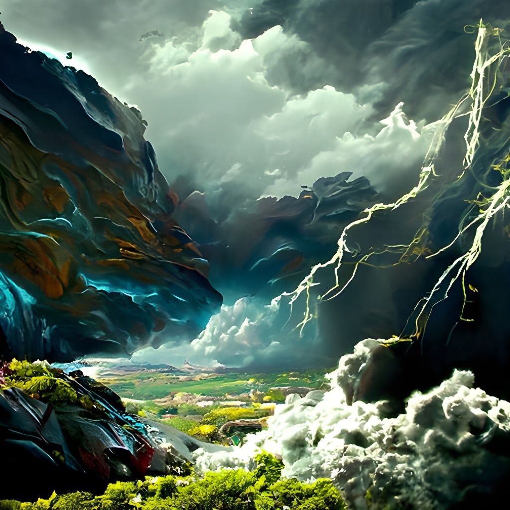 Raging, massive lightning storm in a canyon. By Caspar David...