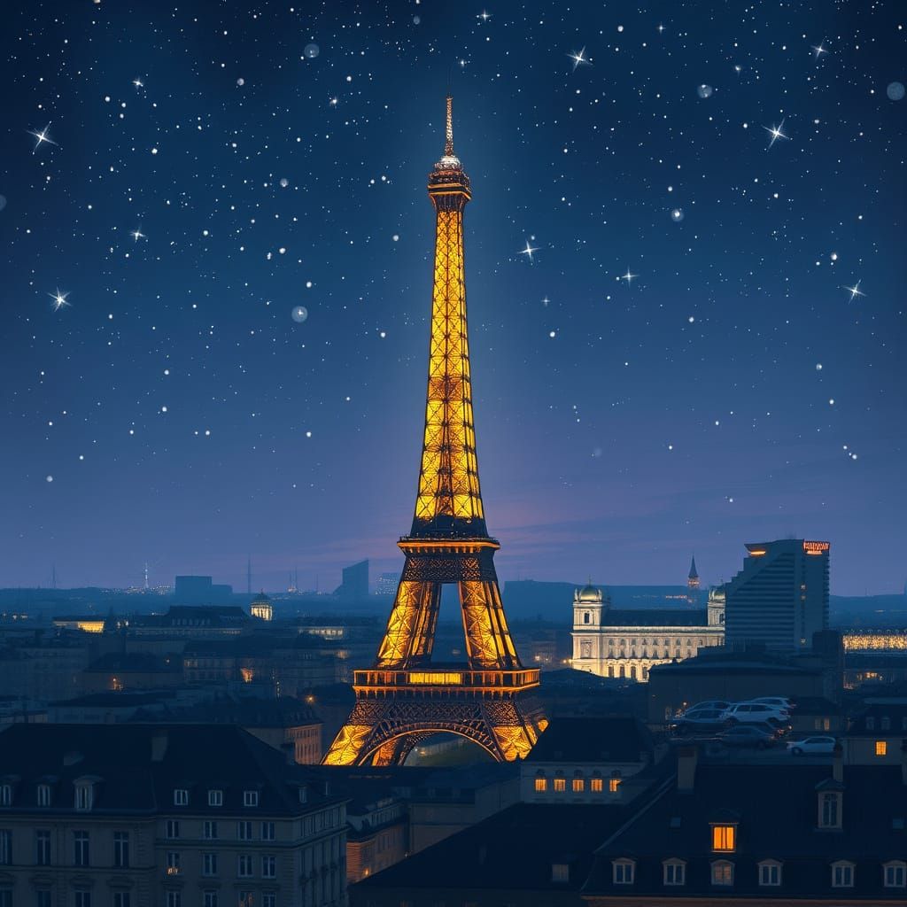 Dreamy Paris Under Midnight Sky with Golden Stars and Illumi...