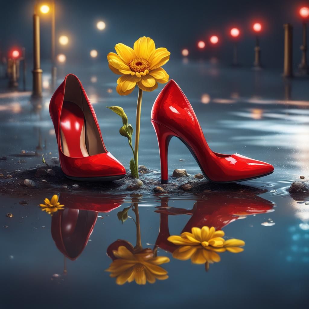 Red High Heels in Puddle Under Streetlights: Splash Art