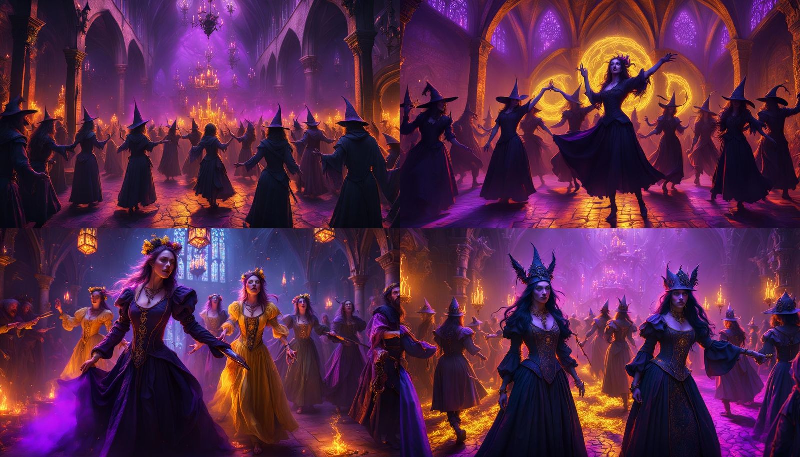 Medieval Rave with Dancing Witches, Dark Fantasy Art