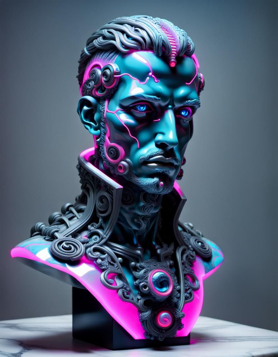 Baroque Android Bust: Futuristic Neon Biopunk Art