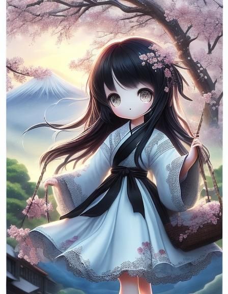 Japanese Girl in Kimono with Cherry Blossoms