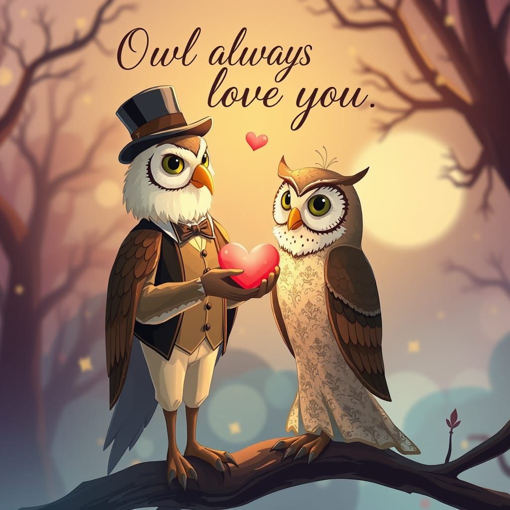 Dapper Owl Couple in Whimsical 90s Digital Art