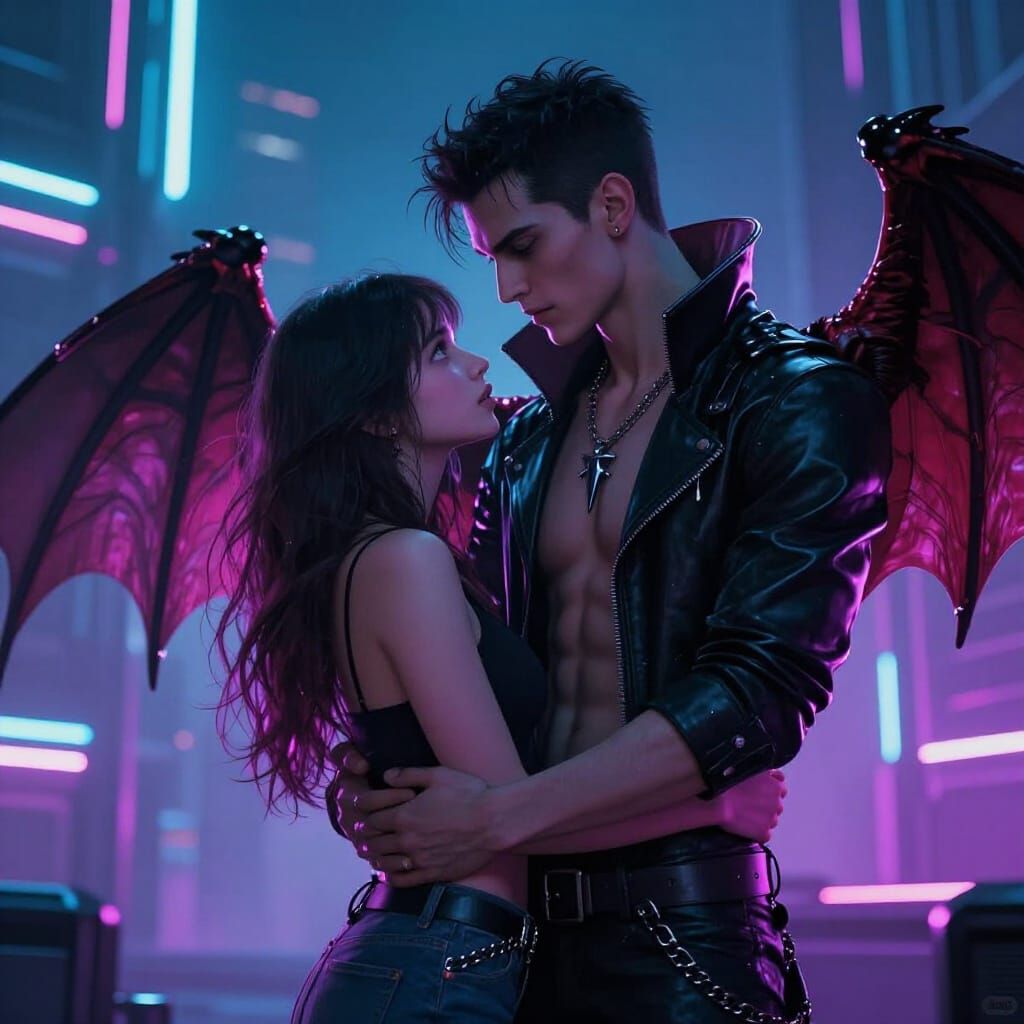 Vampire Boy with Demon Wings Holds Girl in Neon City