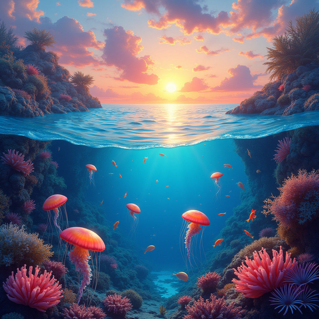 Iridescent Sea Life at Sunset: Fantasy Concept Art