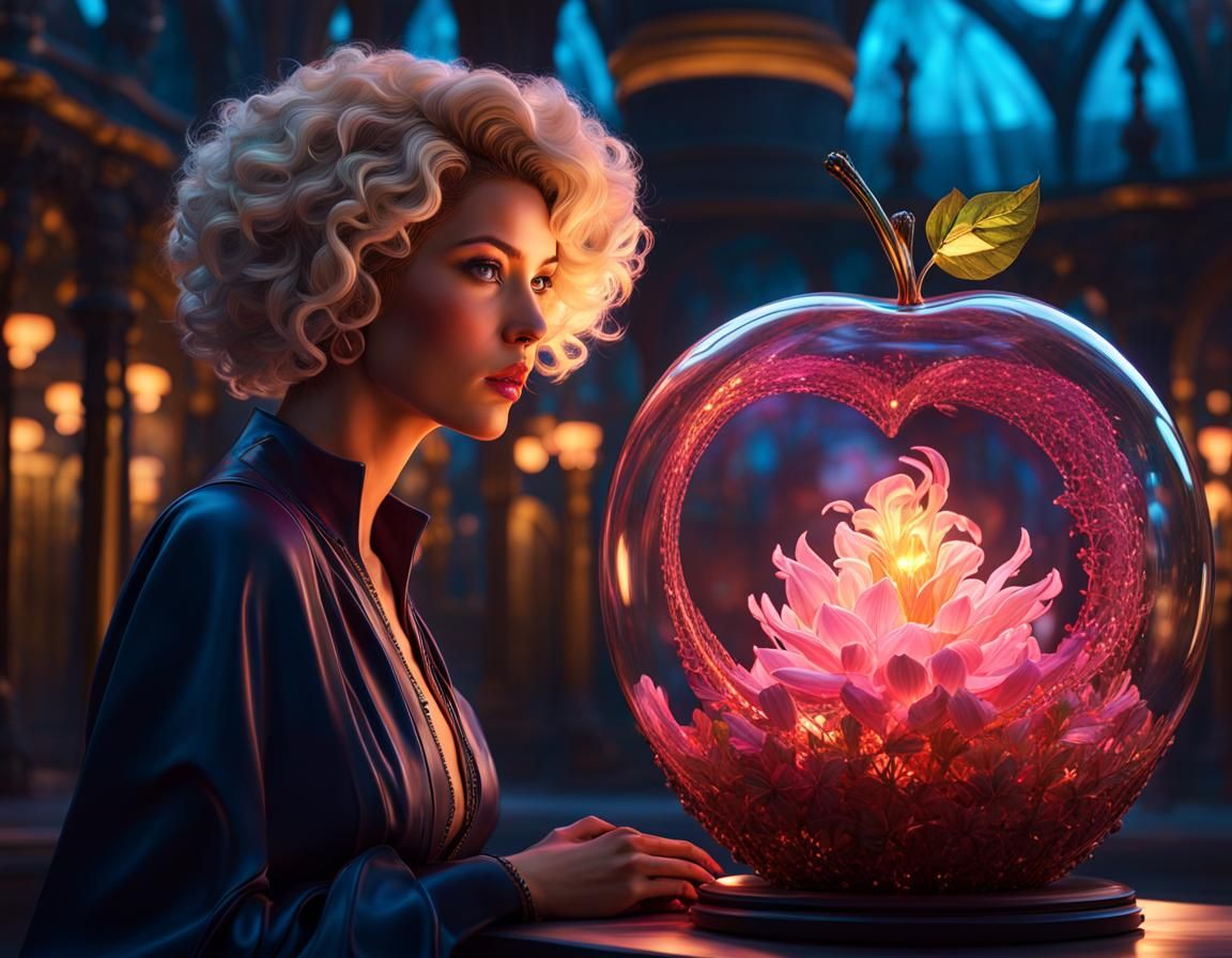Bioluminescent Woman in Glass Apple: Detailed Digital Art