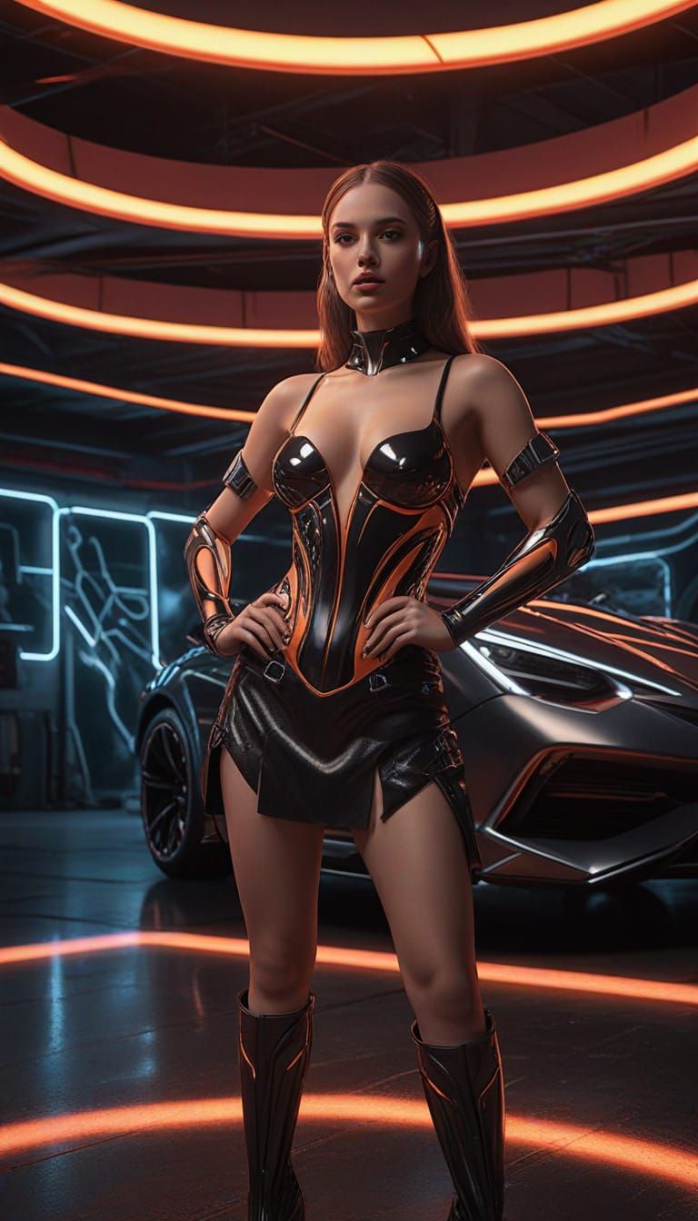 Confident Female Model in High-Tech Garage