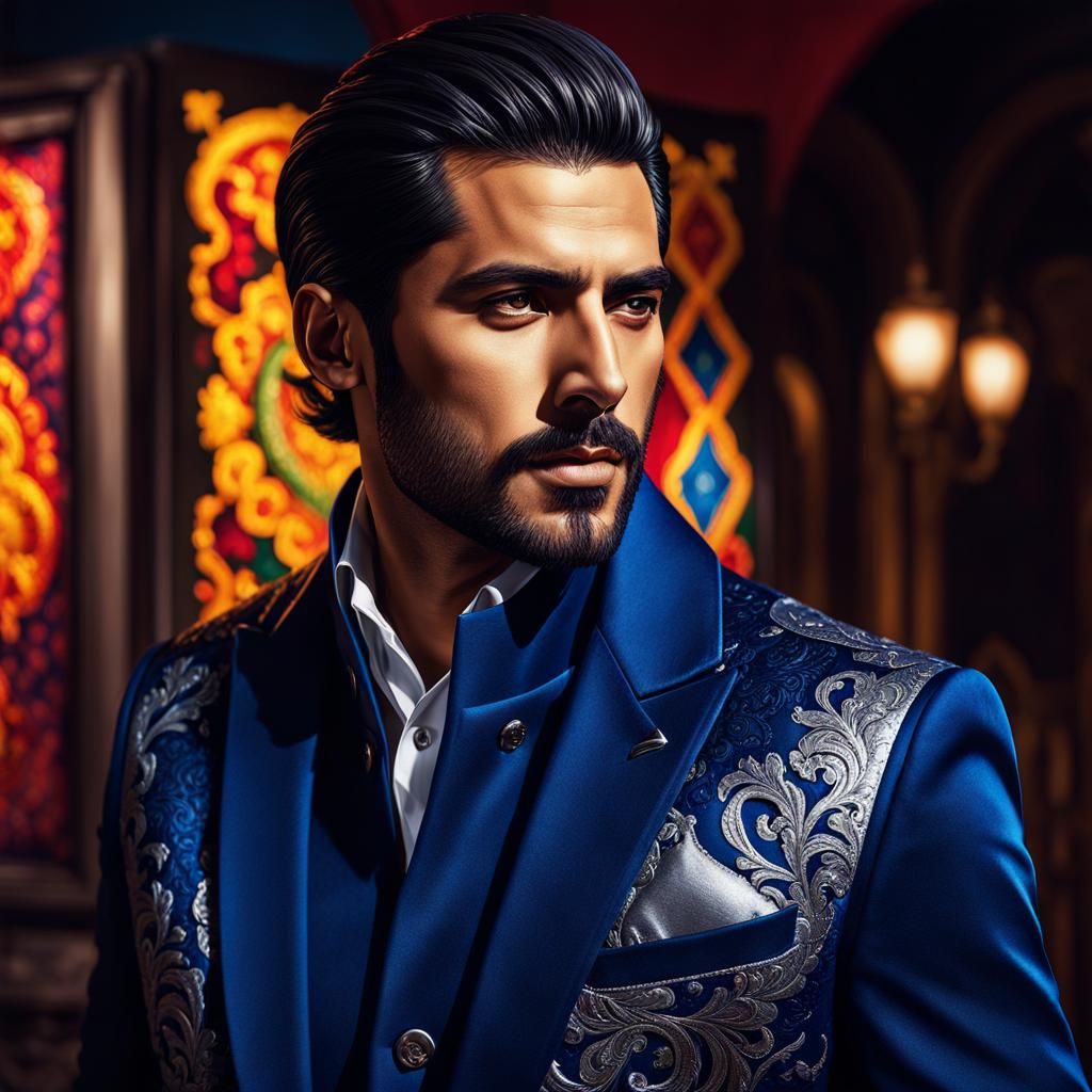 Man in Blue Jacket with Qajar-Inspired Background