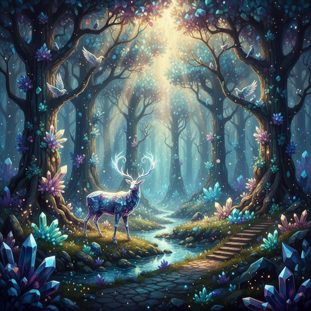 Crystal Forest Sanctuary with Bioluminescent Glow