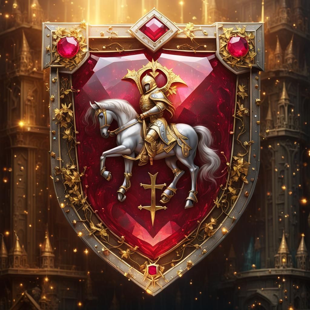 A square knight’s shield made of a single, glittering ruby w...