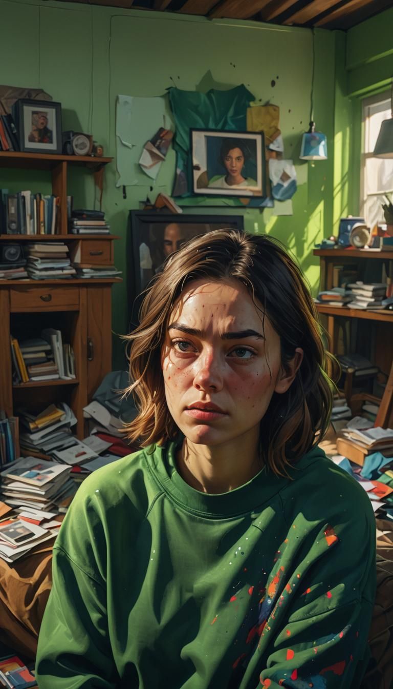 Woman in Green Sweatshirt: Hyperrealistic Splash Art