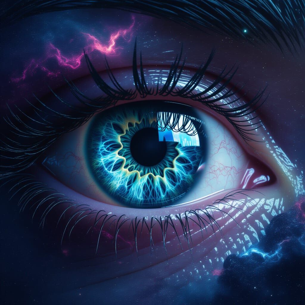 Cosmic Eye in the Abyss, Bioluminescent Teal and Violet