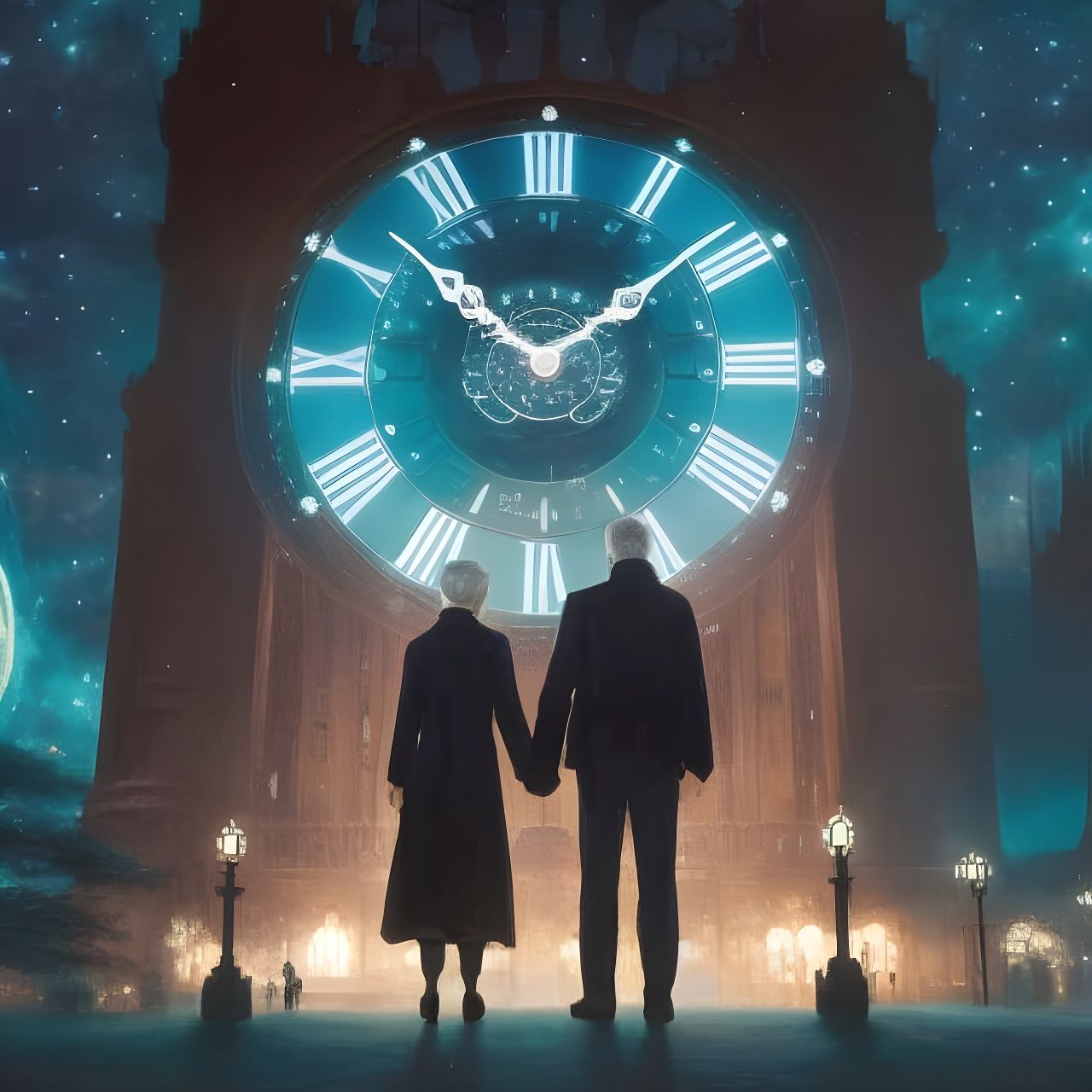 Old Couple Under Starry Clock, Digital Illustration