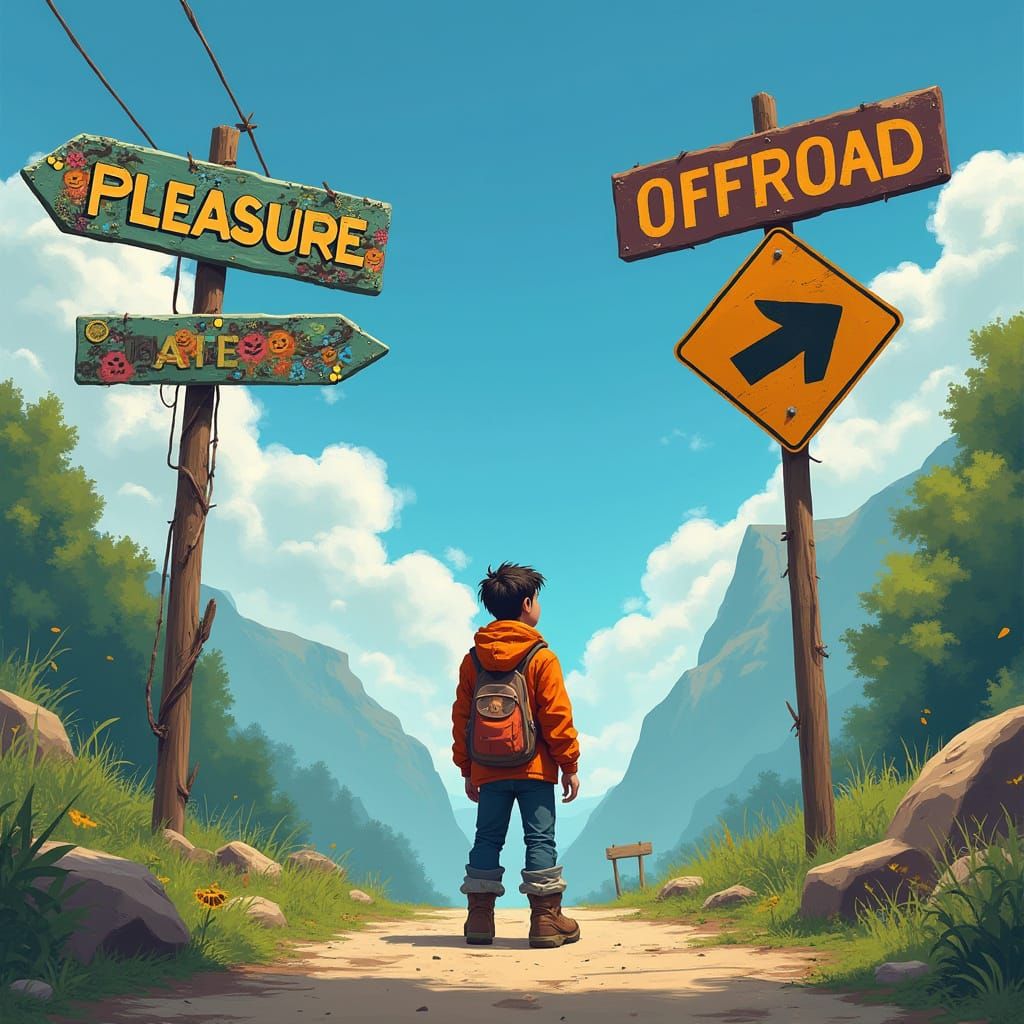 Man at Road Junction, Torn Between Pleasure and Offroad Adve...