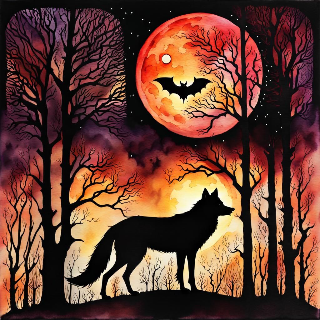 Watercolor Wolf and Blood Moon in Gothic Style