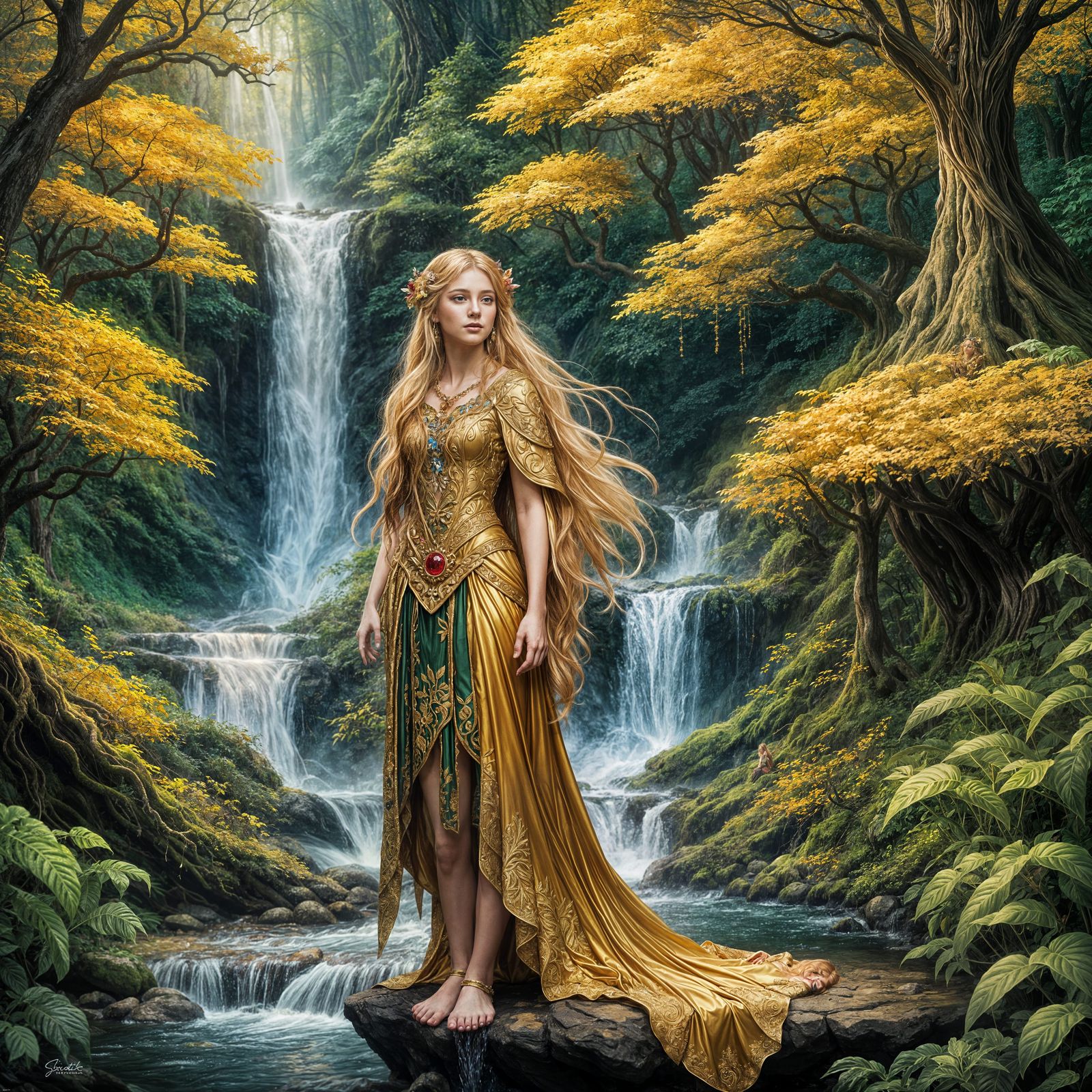 Enchanted Forest Maiden in Golden Robes