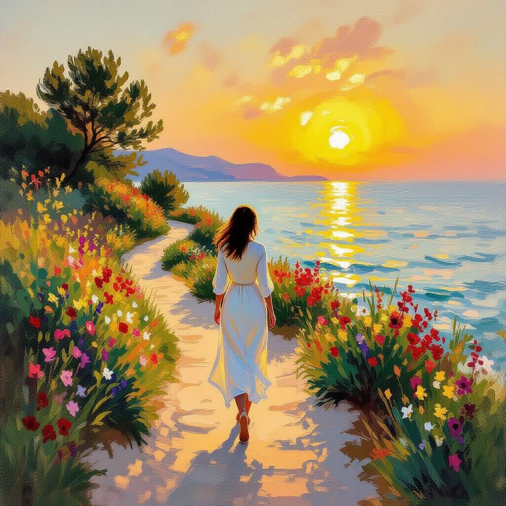 Impressionistic Woman Walks Coastal Path at Sunset