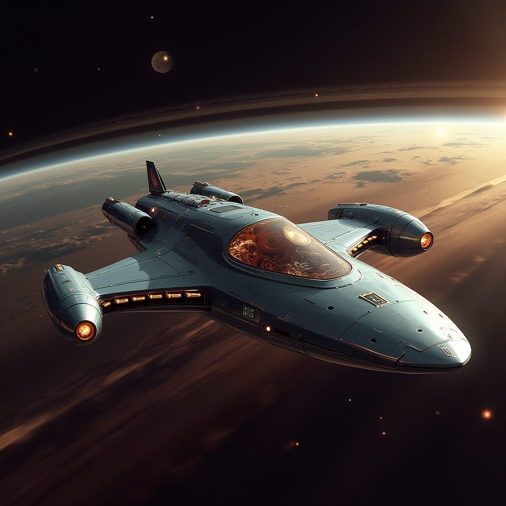 Futuristic Spacecraft Gliding Through Saturn's Rings