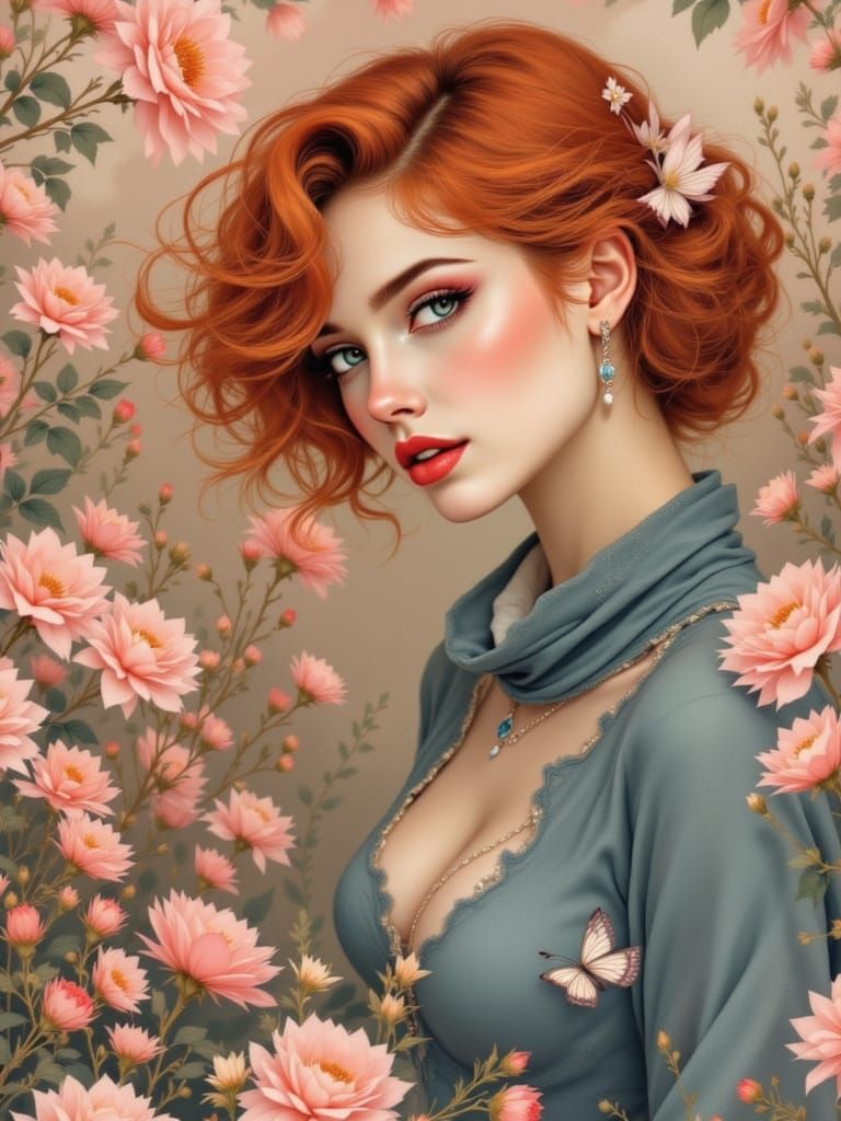 Romantic Art Nouveau Pin-Up Beauty with Sharp Thorns