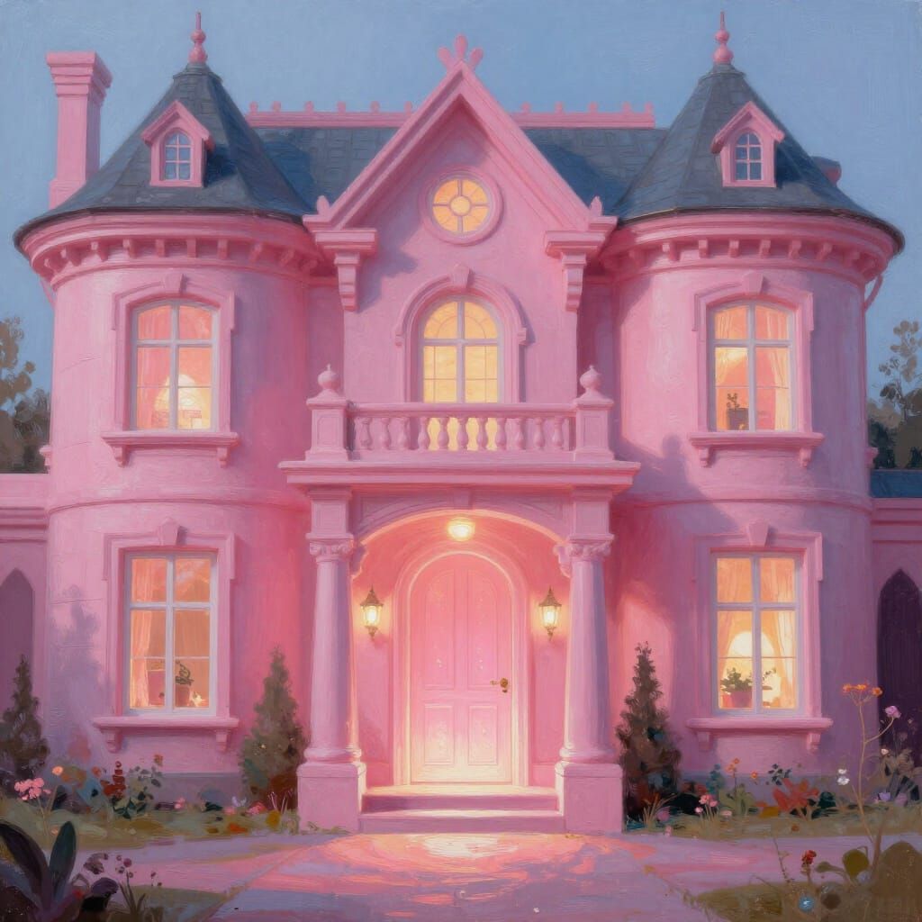 Bioluminescent Pink Mansion in Futuristic Landscape Painting