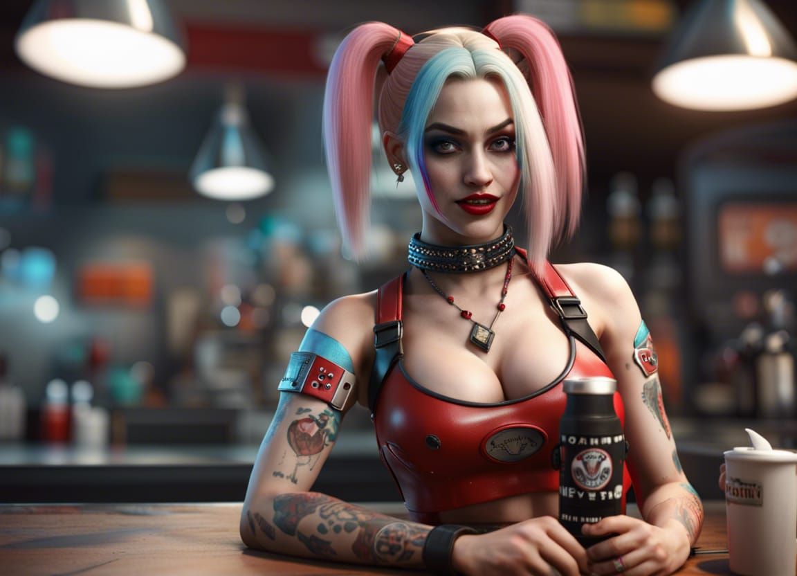 Hyperdetailed Harley Quinn as Bikini Barista in Sci-Fi Style