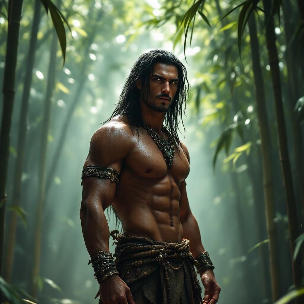 Warrior in Misty Bamboo Forest: Cinematic Photography