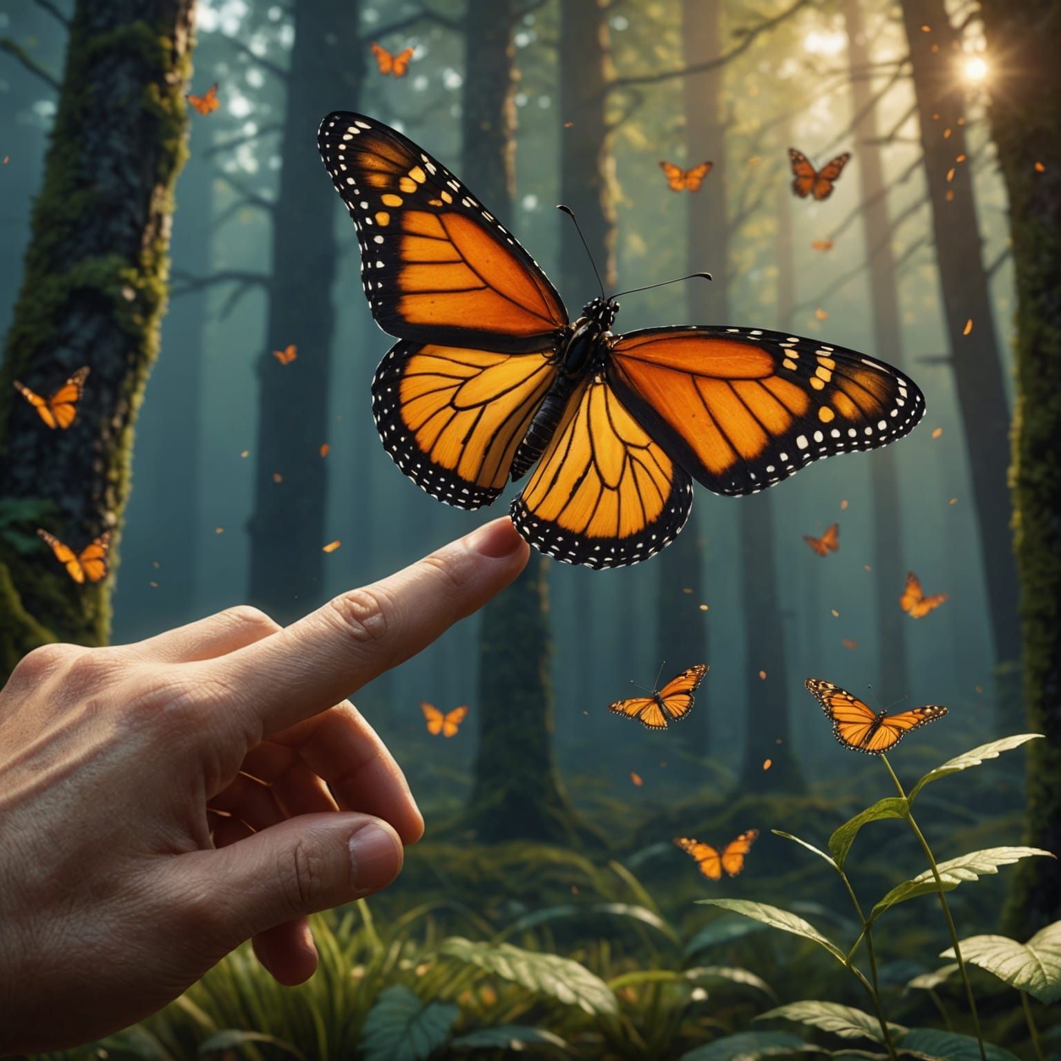 Monarch Butterfly on Finger: Detailed Fantasy Art