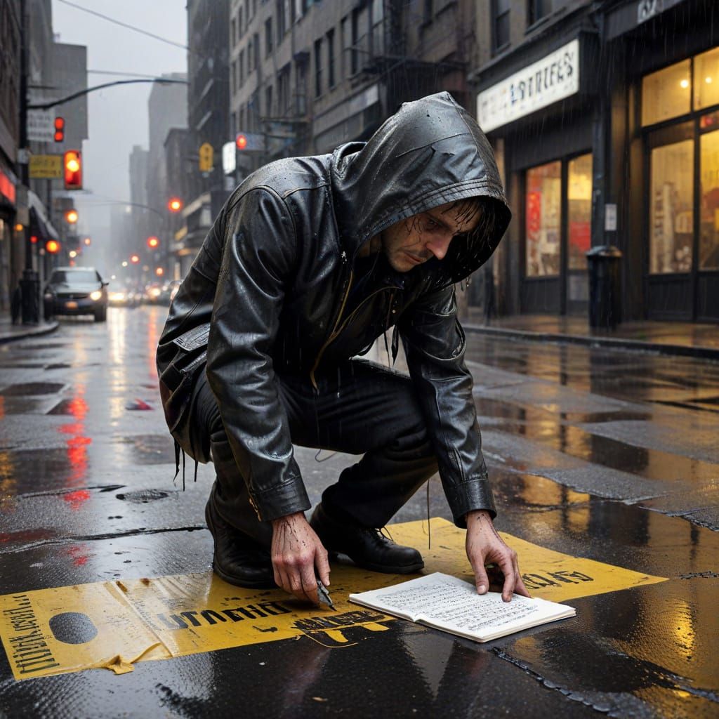 Grayscale Figure Writing in Rainy Cityscape with Vivid Accen...