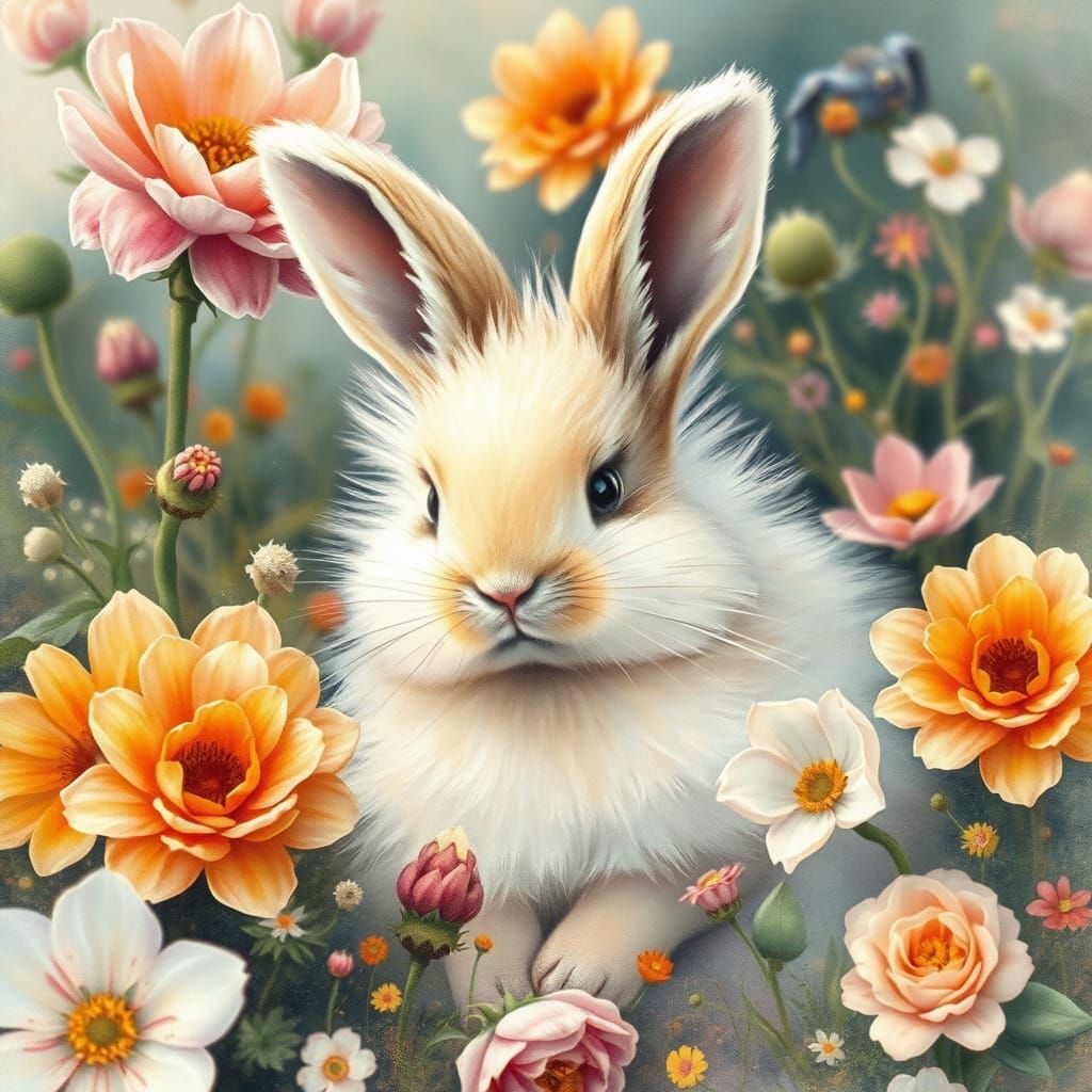 Whimsical Bunny Amidst Blooming Fantasy Flowers