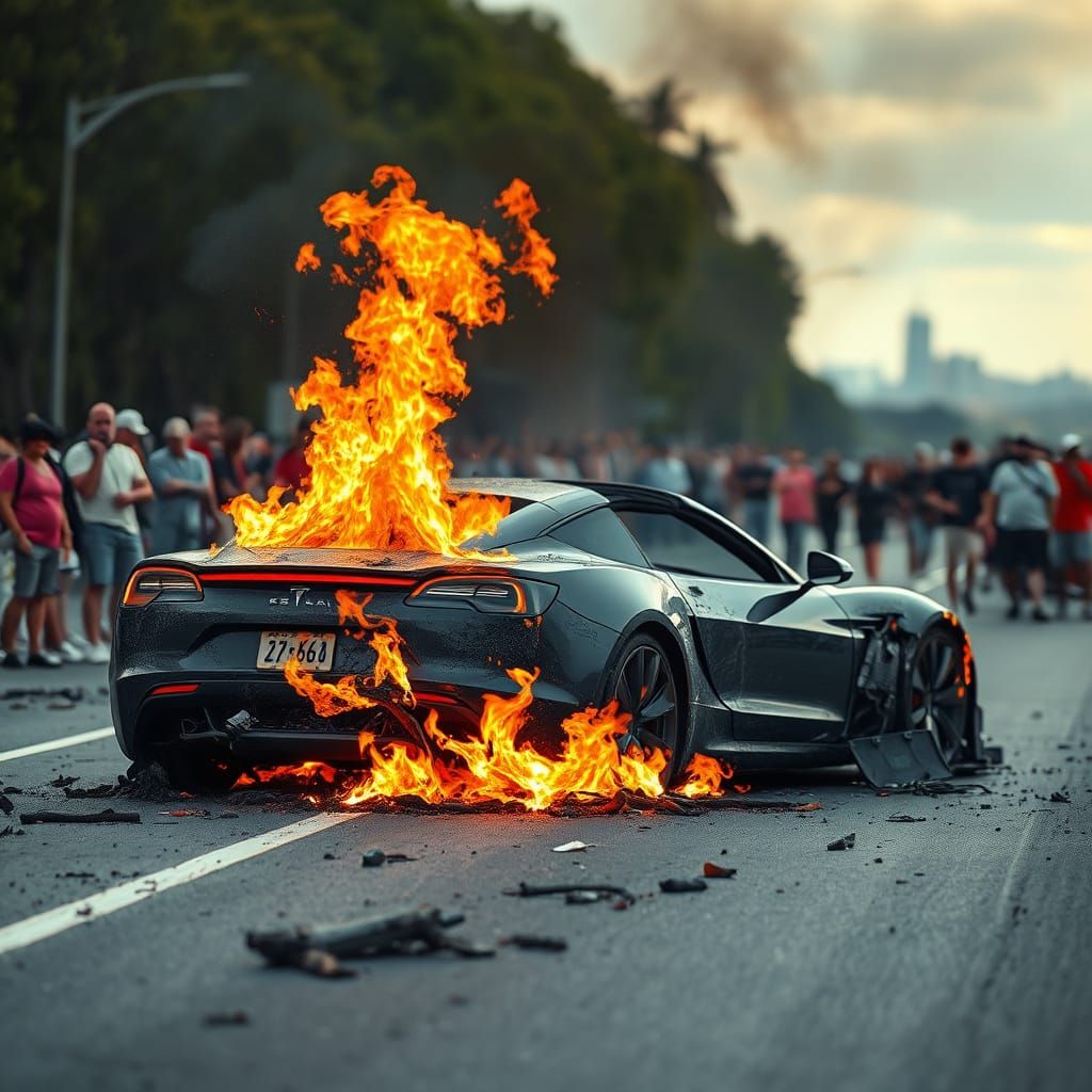 Tesla Roadster Engulfed in Flames: Photorealistic Disaster