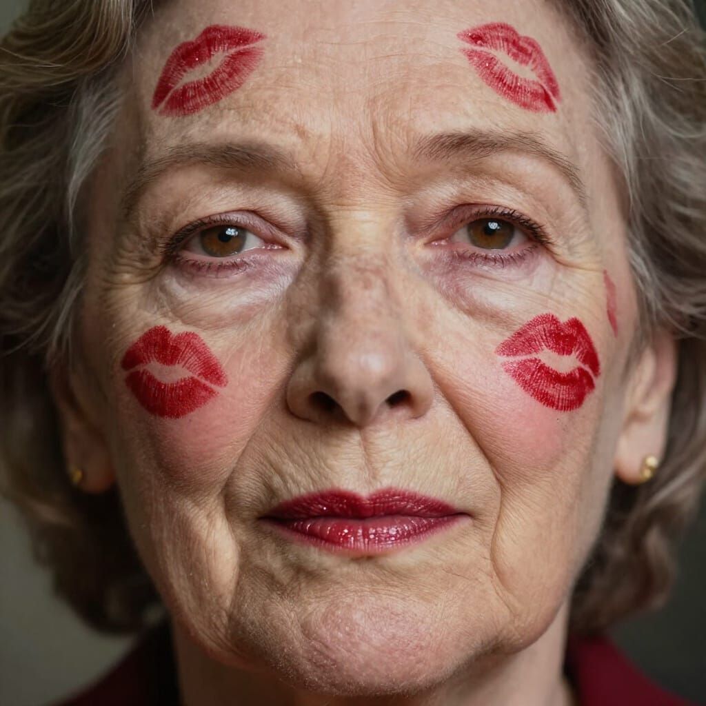 Old Woman with Red Lipstick Kiss Marks